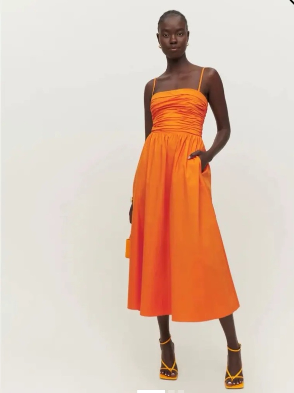 Reformation Strapless Orange Ruched Midi Dress